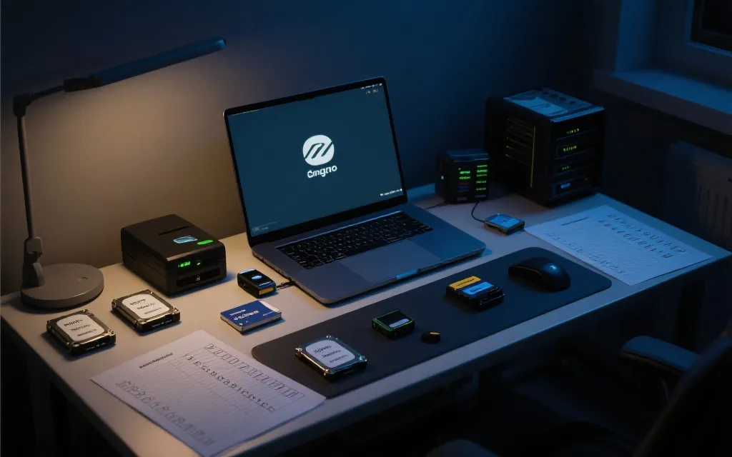 夜间在临时工作台进行素材备份与校验的影视数据管理场景