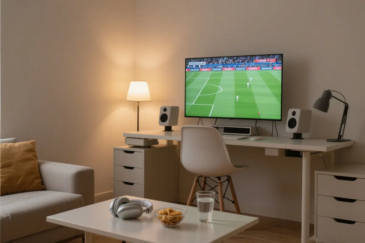 简洁的家庭观赛布置：柔和背景灯、耳机、健康零食与水，屏幕显示比赛