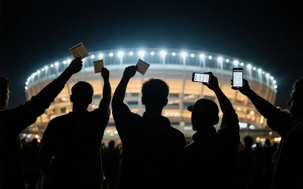 夜晚体育场外的人群剪影与灯光，手里拿着球票与手机赛程，氛围感强